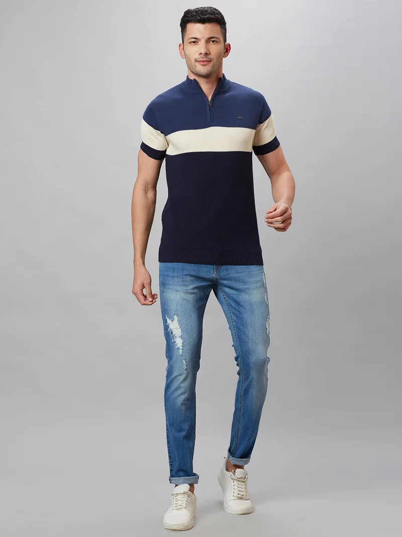 جلو باص Globus Men Navy Blue Colourblocked Cotton High Neck Regular Fit T-shirt